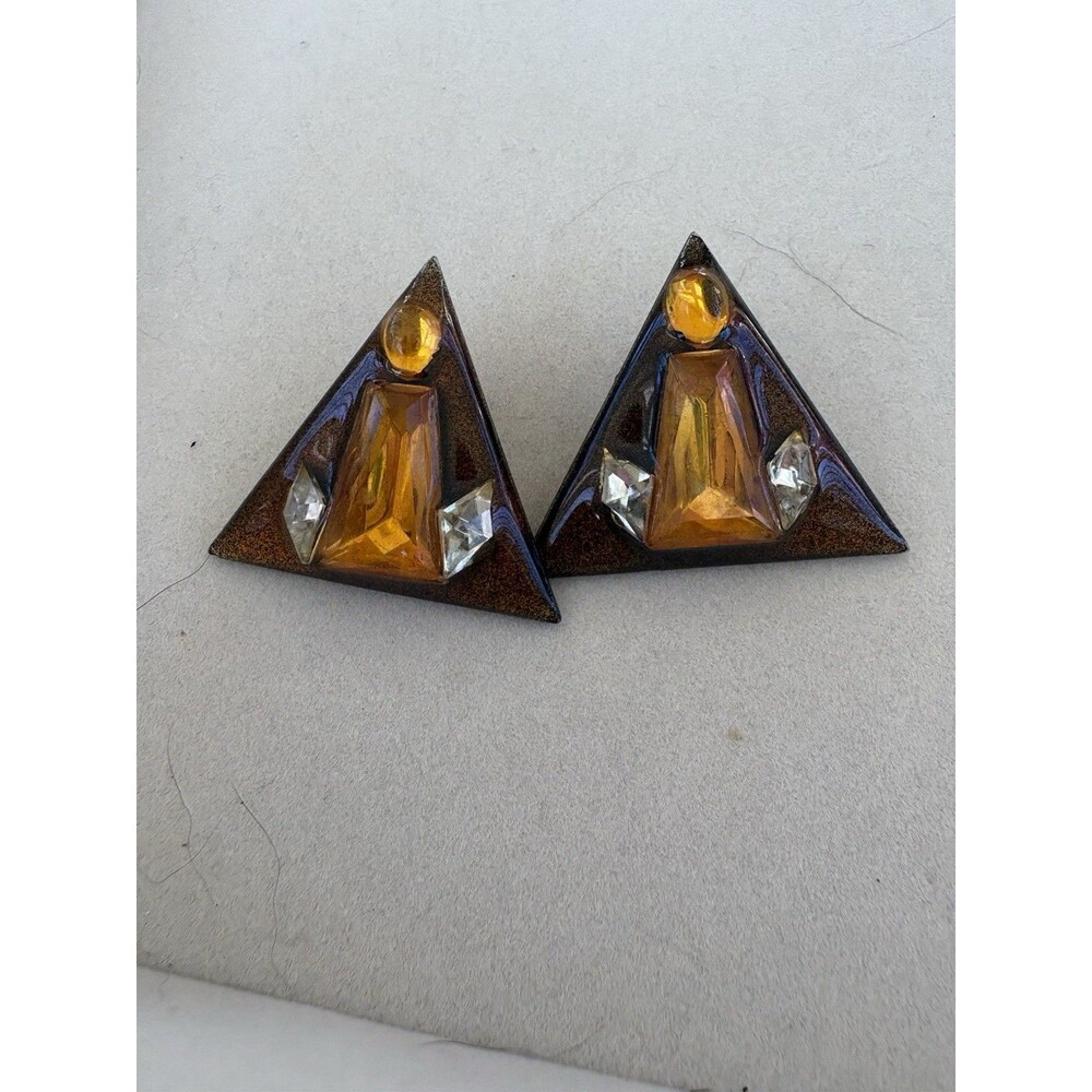 Vintage Geometric Triangle 1980’s Pierced Earrings Lucite Faux Amber Chunky
